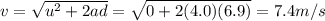 v=\sqrt{u^2+2ad}=\sqrt{0+2(4.0)(6.9)}=7.4 m/s