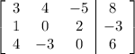 \left[\begin{array}{ccc|c}3&4&-5&8\\1&0&2&-3\\4&-3&0&6\end{array}\right]