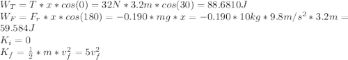 W_T=T*x*cos(0)=32N*3.2m*cos(30)=88.6810J\\W_F=F_r*x*cos(180)=-0.190*mg*x =-0.190*10kg*9.8m/s^{2}*3.2m=59.584J\\ K_i=0\\K_f=\frac{1}{2}*m*v_f^{2}=5v_f^{2}