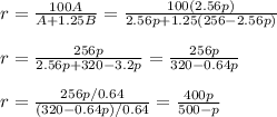 r=\frac{100A}{A+1.25B}=\frac{100(2.56p)}{2.56p+1.25(256-2.56p)}\\\\r=\frac{256p}{2.56p+320-3.2p}=\frac{256p}{320-0.64p}\\\\r=\frac{256p/0.64}{(320-0.64p)/0.64}=\frac{400p}{500-p}
