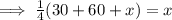 \implies \frac{1}{4} (30+60+x)=x