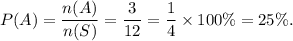 P(A)=\dfrac{n(A)}{n(S)}=\dfrac{3}{12}=\dfrac{1}{4}\times 100\%=25\%.