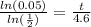 \frac{ln(0.05)}{ln(\frac{1}{2})}=\frac{t}{4.6}