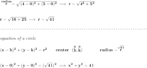 \bf \stackrel{radius}{r}=\sqrt{(4-0)^2+(5-0)^2}\implies r=\sqrt{4^2+5^2} \\\\\\ r=\sqrt{16+25}\implies r=\sqrt{41} \\\\[-0.35em] ~\dotfill\\\\ \textit{equation of a circle}\\\\ (x- h)^2+(y- k)^2= r^2 \qquad center~~(\stackrel{0}{ h},\stackrel{0}{ k})\qquad \qquad radius=\stackrel{\sqrt{41}}{ r} \\\\\\ (x-0)^2+(y-0)^2=(\sqrt{41})^2\implies x^2+y^2=41