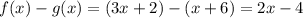 f(x) - g(x) = (3x + 2) - (x + 6) = 2x - 4