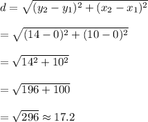 d=\sqrt{(y_2-y_1)^2+(x_2-x_1)^2}\\\\=\sqrt{(14-0)^2+(10-0)^2}\\\\=\sqrt{14^2+10^2}\\\\=\sqrt{196+100}\\\\=\sqrt{296}\approx 17.2