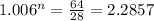 1.006^{n}=\frac{64}{28}=2.2857
