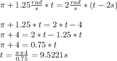 \pi +1.25\frac{rad}{s}*t =2\frac{rad}{s} *(t-2s)\\\\\pi +1.25*t=2*t-4\\\pi+4=2*t-1.25*t\\\pi +4=0.75*t\\t=\frac{\pi +4}{0.75} = 9.5221s
