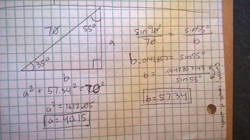 For triangle abc angle a = 35 angle b = 55 and side c = 70 find side b to the nearest whole number