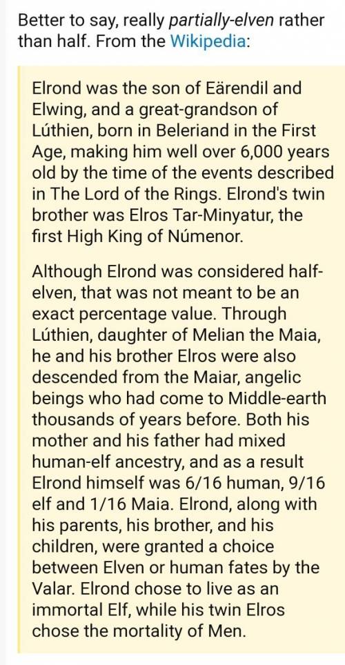 What are elronds two parts?  (from the hobbit) i already know he is half- elven, but what is the oth