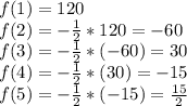 f(1)=120\\&#10; f(2)=-\frac{1}{2}*120=-60\\ &#10; f(3)=-\frac{1}{2} *(-60)=30\\ &#10; f(4)=-\frac{1}{2} *(30)=-15\\ &#10; f(5)=-\frac{1}{2} *(-15)=\frac{15}{2}\\&#10;