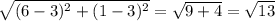 \sqrt{( 6-3 ) ^{2} + ( 1-3 )^{2}  } = \sqrt{9 + 4}= \sqrt{13}
