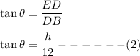\tan \theta=\dfrac{ED}{DB}\\\\\tan \theta=\dfrac{h}{12}------(2)