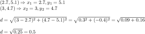 (2.7,5.1)\Rightarrow x_1=2.7,y_1=5.1&#10;\\(3,4.7)\Rightarrow x_2=3,y_2=4.7&#10;\\&#10;\\d= \sqrt{(3-2.7)^2+(4.7-5.1)^2}=  \sqrt{0.3^2+(-0.4)^2} = \sqrt{0.09+0.16}&#10;\\&#10;\\d= \sqrt{0.25}=0.5