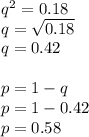 q^2=0.18\\q=\sqrt{0.18} \\q=0.42\\\\p=1-q\\p=1-0.42\\p=0.58