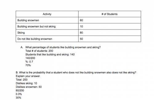 Agroup of students were surveyed to find out if they like building snowmen or skiing as a winter act