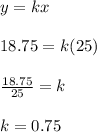 y=kx\\\\18.75=k(25)\\\\\frac{18.75}{25}=k\\\\k=0.75
