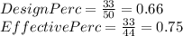 DesignPerc = \frac{33}{50} = 0.66\\ EffectivePerc= \frac{33}{44} = 0.75
