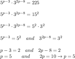 5^{p-3}\cdot3^{2p-8}=225\\\\5^{p-3}\cdot3^{2p-8}=15^2\\\\5^{p-3}\cdot3^{2p-8}=5^2\cdot 3^2\\\\5^{p-3}=5^2\quad and\quad 3^{2p-8}=3^2\\\\p-3=2\quad and\quad 2p-8=2\\p=5\qquad and \qquad 2p=10\rightarrow p=5