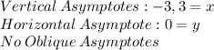 Vertical\: Asymptotes: -3, 3 = x \\ Horizontal\: Asymptote: 0 = y \\ No\: Oblique\: Asymptotes