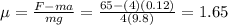 \mu = \frac{F-ma}{mg}=\frac{65-(4)(0.12)}{4(9.8)}=1.65
