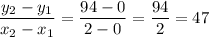 \dfrac{y_2-y_1}{x_2-x_1}=\dfrac{94-0}{2-0}=\dfrac{94}{2}=47