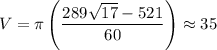 V=\pi\left(\dfrac{289\sqrt{17}-521}{60}\right)\approx35