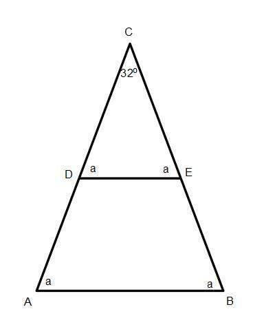 The isosceles trapezoid is part of an isosceles triangle with 32 degree vertex angle. what is the me
