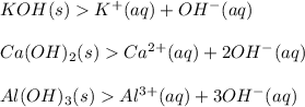 KOH(s)K^+(aq)+OH^-(aq)\\\\Ca(OH)_2 (s)Ca^{2+}(aq)+2OH^- (aq)\\\\Al(OH)_3 (s) Al^{3+}(aq)+3OH^- (aq)