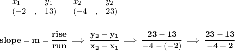 \bf \begin{array}{lllll}&#10;&x_1&y_1&x_2&y_2\\&#10;%   (a,b)&#10;&({{ -2}}\quad ,&{{ 13}})\quad &#10;%   (c,d)&#10;&({{ -4}}\quad ,&{{ 23}})&#10;\end{array}&#10;\\\\\\&#10;% slope  = m&#10;slope = {{ m}}= \cfrac{rise}{run} \implies &#10;\cfrac{{{ y_2}}-{{ y_1}}}{{{ x_2}}-{{ x_1}}}\implies \cfrac{23-13}{-4-(-2)}\implies \cfrac{23-13}{-4+2}