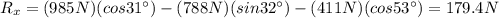 R_x = (985 N)(cos 31^{\circ})-(788 N)(sin 32^{\circ})-(411 N)(cos 53^{\circ})=179.4 N