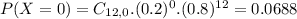 P(X = 0) = C_{12,0}.(0.2)^{0}.(0.8)^{12} = 0.0688