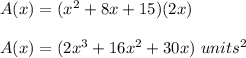 A(x)=(x^2+8x+15)(2x)\\\\A(x)=(2x^3+16x^2+30x)\ units^2