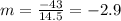 m= \frac{-43}{14.5}=-2.9