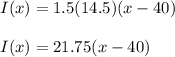 I(x) = 1.5(14.5)(x-40)\\\\I(x) = 21.75(x-40)