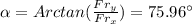 \alpha =Arctan(\frac{Fr_{y}}{Fr_{x}})=75.96\°