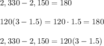 2,330-2,150=180\\ \\120(3-1.5)=120\cdot 1.5=180\\ \\2,330-2,150=120(3-1.5)