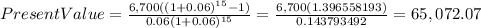 PresentValue=\frac{6,700((1+0.06)^{15}-1) }{0.06(1+0.06)^{15} } =\frac{6,700(1.396558193)}{0.143793492} =65,072.07