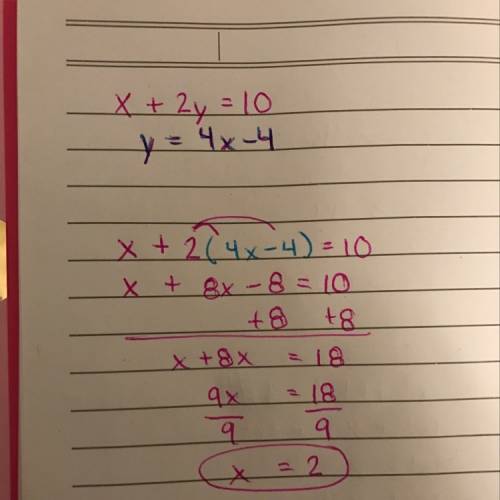 Solve using system using the substitution method x+2y=10 y=4x-4