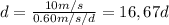 d = \frac{10 m/s}{0.60 m/s/d}  = 16,67 d