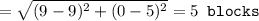 =\sqrt{(9-9)^2+(0-5)^2}=5\texttt{ blocks}