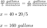 \frac{40}{5}\frac{gallons}{minutes}=\frac{x}{20}\frac{gallons}{minutes} \\ \\x=40*20/5\\ \\x=160\ gallons