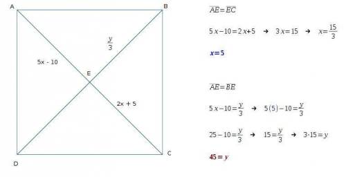 The diagonals of quadrilateral abcd intersect at point e, ae=5x-10,ec=2x+5, and be= y/3.. if abcd is