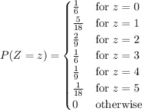 P(Z=z)=\begin{cases}\frac16&\text{for }z=0\\\frac5{18}&\text{for }z=1\\\frac29&\text{for }z=2\\\frac16&\text{for }z=3\\\frac19&\text{for }z=4\\\frac1{18}&\text{for }z=5\\0&\text{otherwise}\end{cases}