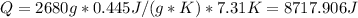 Q=2680g*0.445J/(g*K)*7.31K=8717.906J