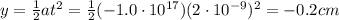 y=\frac{1}{2}at^2=\frac{1}{2}(-1.0\cdot 10^{17})(2\cdot 10^{-9})^2=-0.2 cm