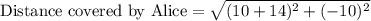 \text{Distance covered by Alice}=\sqrt{(10+14)^2+(-10)^2}