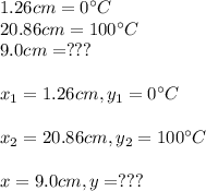 1.26cm=0\°C\\20.86cm=100\°C\\9.0cm=???\\\\x_{1}=1.26cm,y_{1}=0\°C\\\\x_{2}=20.86cm,y_{2}=100\°C\\\\x=9.0cm,y=???
