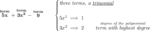 \bf \stackrel{term}{5x}+\stackrel{term}{3x^2}-\stackrel{term}{9}\qquad \begin{cases} \textit{three terms, a \underline{trinomial}}\\\\ 5x^1\implies 1\\ 3x^2\implies 2\qquad \stackrel{\textit{degree of the polynomial}}{\textit{term with highest degree}}\\ \end{cases}