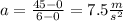 a=\frac{45-0}{6-0}=7.5\frac{m}{s^{2}}